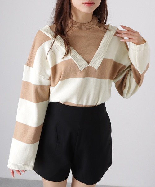 Lace Ladies(レースレディース)の「フェイクレイヤード ドロップショルダー ボーダー ハイネック ニット トップス(ニット/セーター・レディース・グリーン/ベージュ/ブラック・FREE)」の15枚目の写真