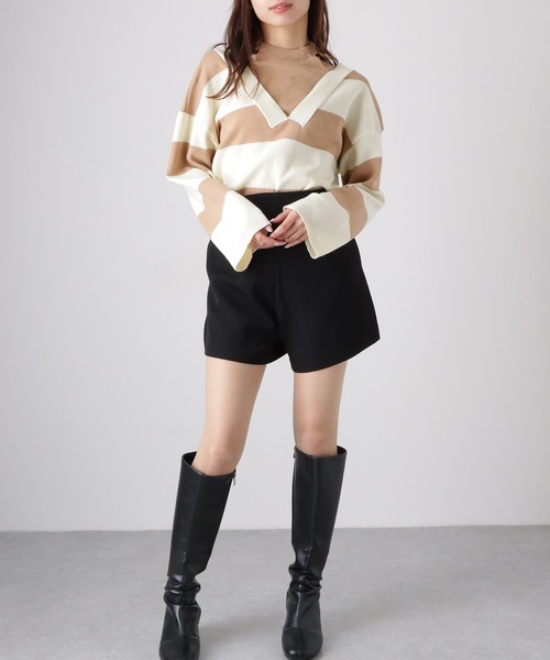Lace Ladies(レースレディース)の「フェイクレイヤード ドロップショルダー ボーダー ハイネック ニット トップス(ニット/セーター・レディース・グリーン/ベージュ/ブラック・FREE)」の17枚目の写真