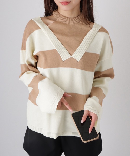 Lace Ladies(レースレディース)の「フェイクレイヤード ドロップショルダー ボーダー ハイネック ニット トップス(ニット/セーター・レディース・グリーン/ベージュ/ブラック・FREE)」の18枚目の写真