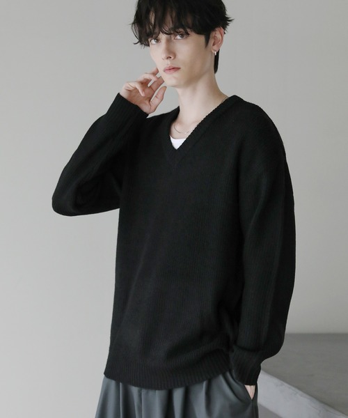 【SALE】 archivio ブラック セーター Buyer's Select/フラッフィーヤーン片畦編みVネックニット（ニット