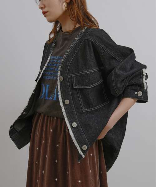 sheller シェリエ　ノーカラーフリンジデニムジャケット sheller シェリエ ノーカラーフリンジデニムジャケット