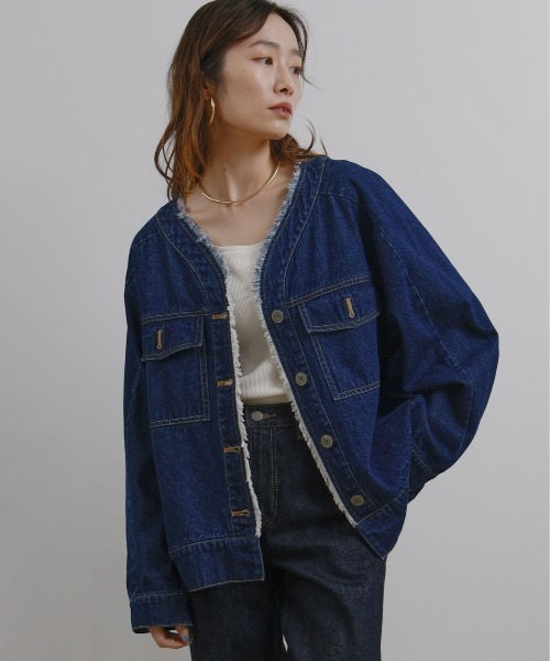 ノーカラーフリンジデニムジャケット Palm Riche│Eimee Law