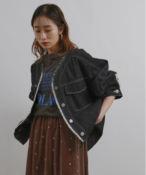 shellerシェリエノーカラーフリンジデニムジャット シェリエ sheller ノーカラーフリンジデニムジャケット - レディース