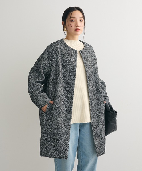 セール】ヘリンボーンノーカラーコート（ノーカラーコート）｜Green