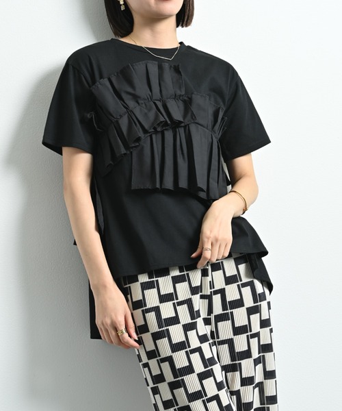 INTERPLANET（インタープラネット）の「ＴＣブロードアシメフリルＴシャツ（Tシャツ/カットソー・レディース・オフホワイト/ブラック・FREE）」の19枚目の写真