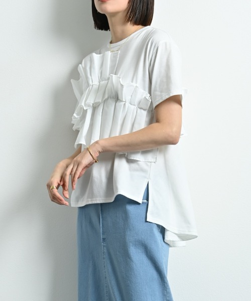 INTERPLANET（インタープラネット）の「ＴＣブロードアシメフリルＴシャツ（Tシャツ/カットソー・レディース・オフホワイト/ブラック・FREE）」の7枚目の写真