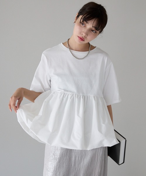 SOTT（ソット）の「Mixed material balloon hem tops 異素材バルーントップス（Tシャツ/カットソー・レディース・ブラック/オフホワイト・FREE）」の4枚目の写真