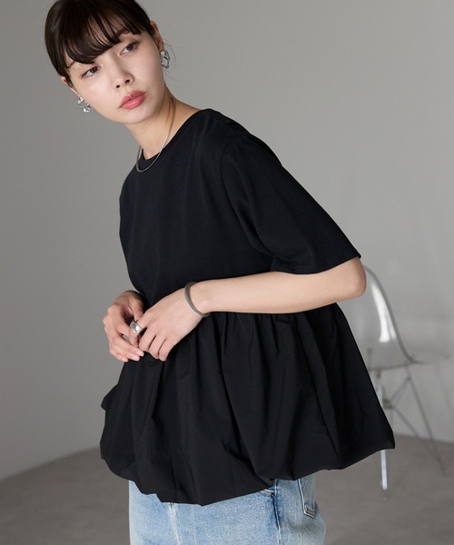 SOTT（ソット）の「Mixed material balloon hem tops 異素材バルーントップス（Tシャツ/カットソー・レディース・ブラック/オフホワイト・FREE）」の16枚目の写真