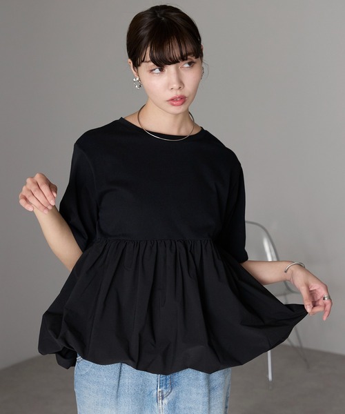 SOTT（ソット）の「Mixed material balloon hem tops 異素材バルーントップス（Tシャツ/カットソー・レディース・ブラック/オフホワイト・FREE）」の21枚目の写真