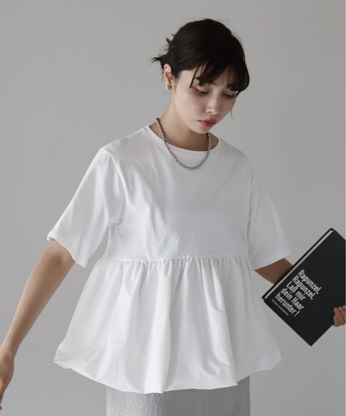 SOTT(ソット)の「Mixed material balloon hem tops 異素材バルーントップス(Tシャツ/カットソー・レディース・ブラック/オフホワイト・FREE)」の7枚目の写真