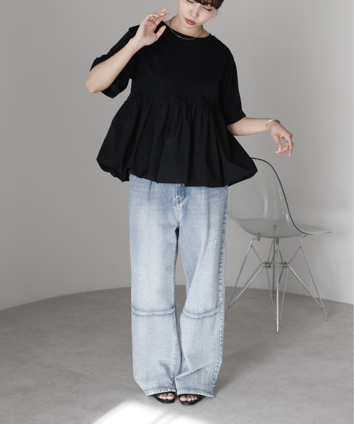 SOTT(ソット)の「Mixed material balloon hem tops 異素材バルーントップス(Tシャツ/カットソー・レディース・ブラック/オフホワイト・FREE)」の20枚目の写真