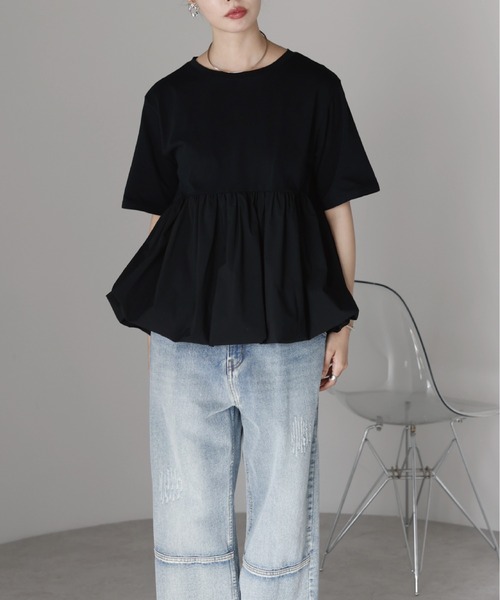 SOTT(ソット)の「Mixed material balloon hem tops 異素材バルーントップス(Tシャツ/カットソー・レディース・ブラック/オフホワイト・FREE)」の13枚目の写真
