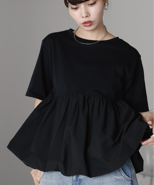 SOTT(ソット)の「Mixed material balloon hem tops 異素材バルーントップス(Tシャツ/カットソー・レディース・ブラック/オフホワイト・FREE)」の9枚目の写真