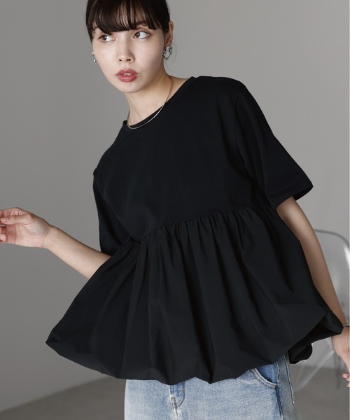 SOTT(ソット)の「Mixed material balloon hem tops 異素材バルーントップス(Tシャツ/カットソー・レディース・ブラック/オフホワイト・FREE)」の17枚目の写真