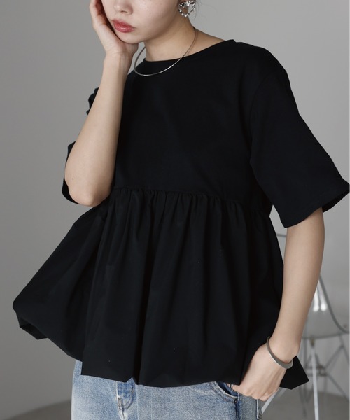 SOTT(ソット)の「Mixed material balloon hem tops 異素材バルーントップス(Tシャツ/カットソー・レディース・ブラック/オフホワイト・FREE)」の18枚目の写真