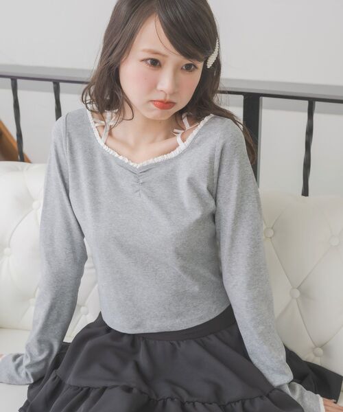 ems excite(エムズエキサイト)の「リボン付きシャーリングCT(Tシャツ/カットソー・レディース・ダークグレー/ブラック/ブルー・FREE)」の20枚目の写真