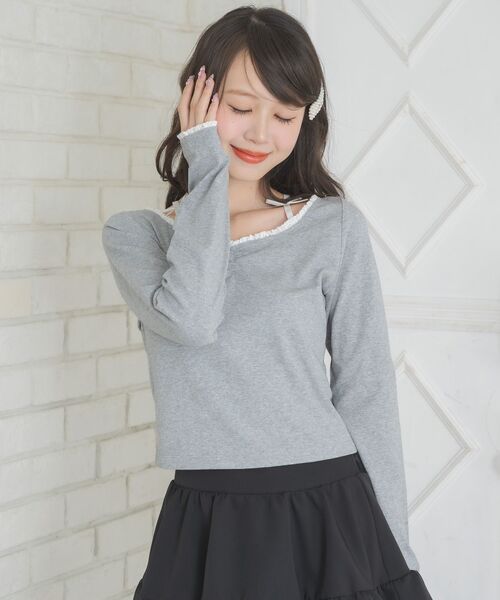 ems excite(エムズエキサイト)の「リボン付きシャーリングCT(Tシャツ/カットソー・レディース・ダークグレー/ブラック/ブルー・FREE)」の15枚目の写真
