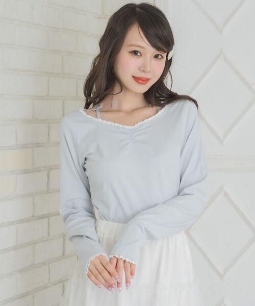 ems excite(エムズエキサイト)の「リボン付きシャーリングCT(Tシャツ/カットソー・レディース・ダークグレー/ブラック/ブルー・FREE)」の7枚目の写真