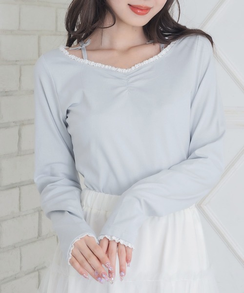ems excite(エムズエキサイト)の「リボン付きシャーリングCT(Tシャツ/カットソー・レディース・ダークグレー/ブラック/ブルー・FREE)」の3枚目の写真