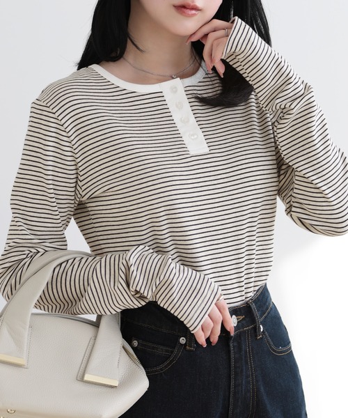 SUNFLOWER EIGHT（サンフラワーエイト）の「2wayヘンリーネックボーダートップス（Tシャツ/カットソー・レディース・ブラック/チャコールグレー/オートミール/ホワイト・L/M）」の4枚目の写真
