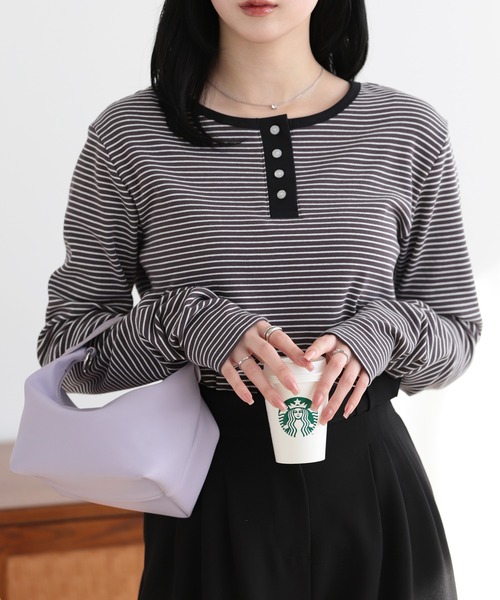 SUNFLOWER EIGHT（サンフラワーエイト）の「2wayヘンリーネックボーダートップス（Tシャツ/カットソー・レディース・ブラック/チャコールグレー/オートミール/ホワイト・L/M）」の3枚目の写真