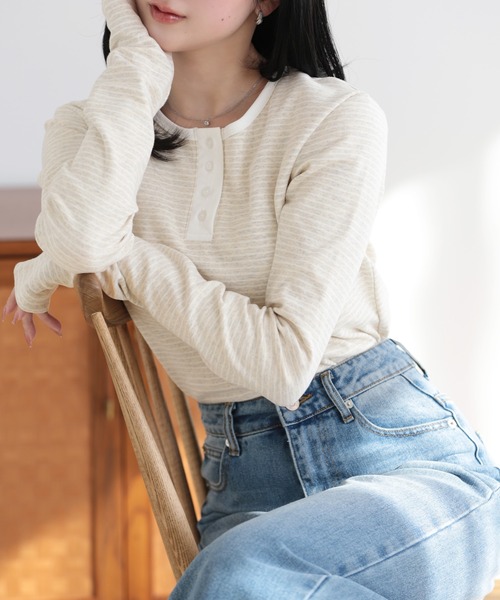 SUNFLOWER EIGHT（サンフラワーエイト）の「2wayヘンリーネックボーダートップス（Tシャツ/カットソー・レディース・ブラック/チャコールグレー/オートミール/ホワイト・L/M）」の6枚目の写真