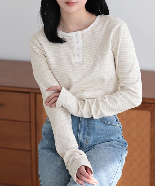 SUNFLOWER EIGHT（サンフラワーエイト）の「2wayヘンリーネックボーダートップス（Tシャツ/カットソー・レディース・ブラック/チャコールグレー/オートミール/ホワイト・L/M）」の8枚目の写真