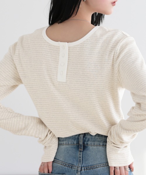 SUNFLOWER EIGHT（サンフラワーエイト）の「2wayヘンリーネックボーダートップス（Tシャツ/カットソー・レディース・ブラック/チャコールグレー/オートミール/ホワイト・L/M）」の9枚目の写真