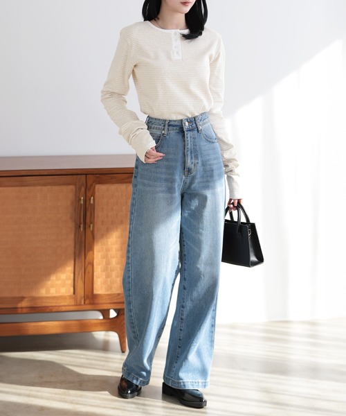 SUNFLOWER EIGHT（サンフラワーエイト）の「2wayヘンリーネックボーダートップス（Tシャツ/カットソー・レディース・ブラック/チャコールグレー/オートミール/ホワイト・L/M）」の10枚目の写真