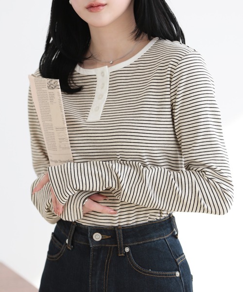 SUNFLOWER EIGHT（サンフラワーエイト）の「2wayヘンリーネックボーダートップス（Tシャツ/カットソー・レディース・ブラック/チャコールグレー/オートミール/ホワイト・L/M）」の13枚目の写真