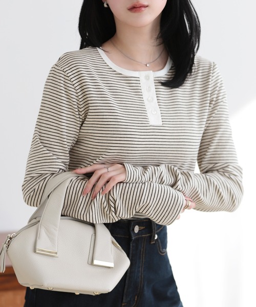 SUNFLOWER EIGHT（サンフラワーエイト）の「2wayヘンリーネックボーダートップス（Tシャツ/カットソー・レディース・ブラック/チャコールグレー/オートミール/ホワイト・L/M）」の14枚目の写真