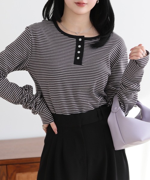 SUNFLOWER EIGHT（サンフラワーエイト）の「2wayヘンリーネックボーダートップス（Tシャツ/カットソー・レディース・ブラック/チャコールグレー/オートミール/ホワイト・L/M）」の18枚目の写真