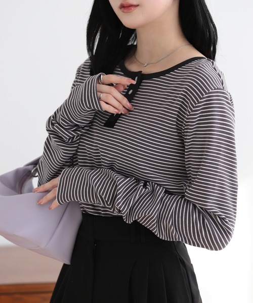 SUNFLOWER EIGHT（サンフラワーエイト）の「2wayヘンリーネックボーダートップス（Tシャツ/カットソー・レディース・ブラック/チャコールグレー/オートミール/ホワイト・L/M）」の19枚目の写真