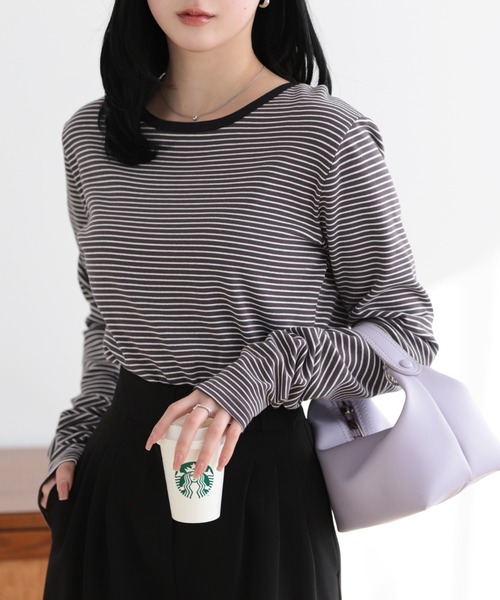 SUNFLOWER EIGHT（サンフラワーエイト）の「2wayヘンリーネックボーダートップス（Tシャツ/カットソー・レディース・ブラック/チャコールグレー/オートミール/ホワイト・L/M）」の20枚目の写真