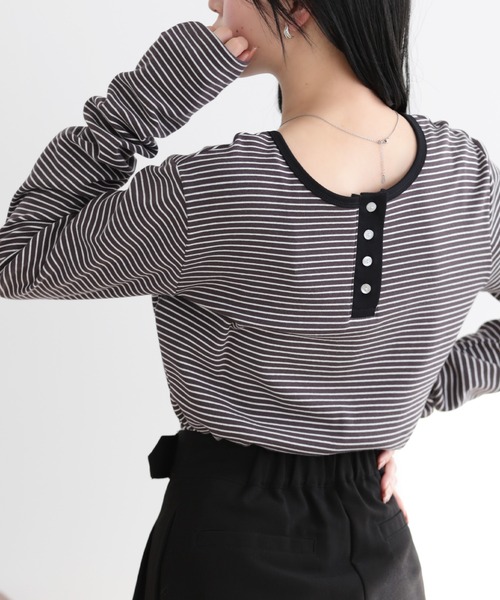 SUNFLOWER EIGHT（サンフラワーエイト）の「2wayヘンリーネックボーダートップス（Tシャツ/カットソー・レディース・ブラック/チャコールグレー/オートミール/ホワイト・L/M）」の21枚目の写真