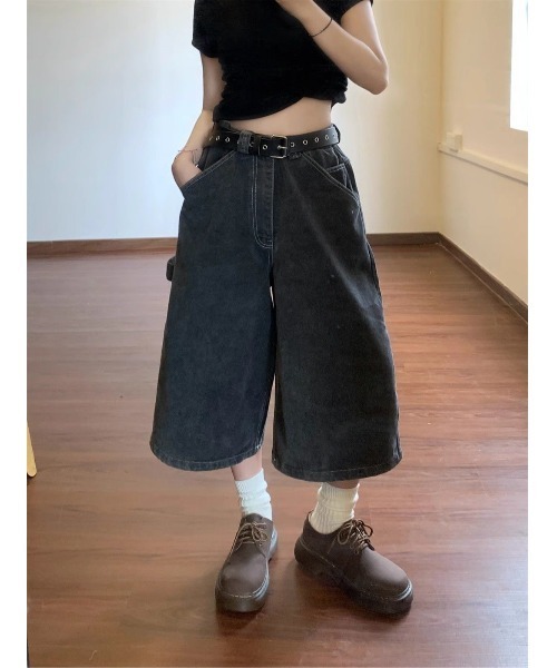 2色 デニム ハーフ パンツ ハイウエスト ウォッシュ加工 無地 4 セール】ハイウエスト ワイド ウォッシュ デニム ハーフ