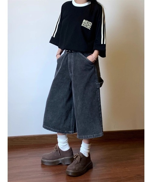 セール】ハイウエスト ワイド ウォッシュ デニム ハーフ