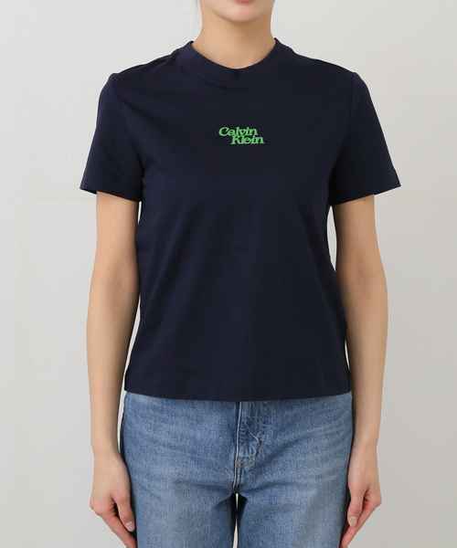 売れ筋商品|||カルバンクライン Tシャツ レディース トップス FLOCKED LOGO TEE - Print T-shirt - black Calvin Klein /カルバン クラインSS FLOCKED LOGO CREWNK TEE（T