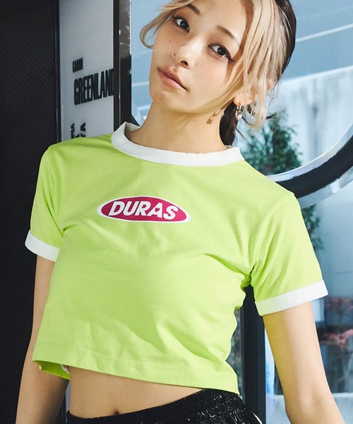 DURAS（デュラス）の「雑誌掲載｜クロップリンガーTシャツ（Tシャツ/カットソー・レディース・ブラック/ライム/オレンジ・MEDIUM/SMALL）」の2枚目の写真