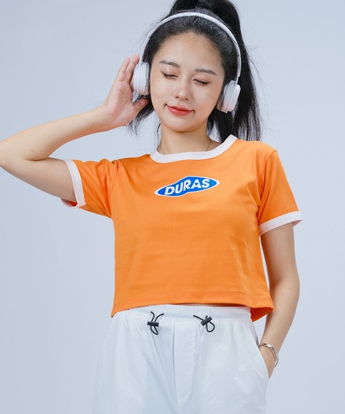 DURAS（デュラス）の「雑誌掲載｜クロップリンガーTシャツ（Tシャツ/カットソー・レディース・ブラック/ライム/オレンジ・MEDIUM/SMALL）」の3枚目の写真