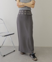 punching button belted long skirt /パンチング ボタン ベルト付き ロング スカート