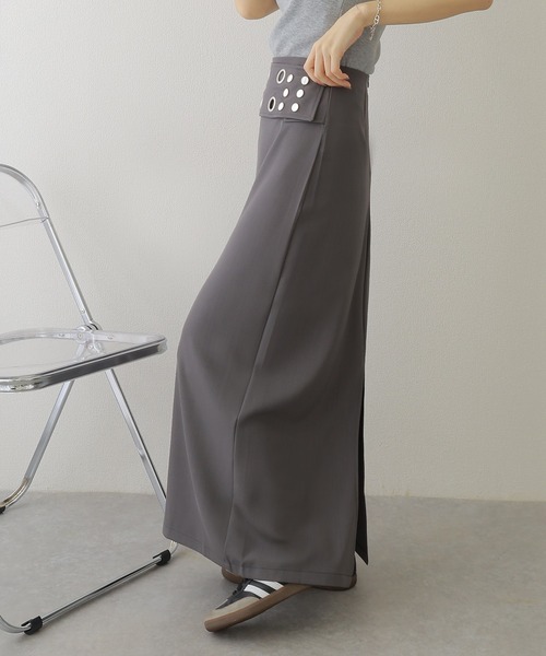 punching button belted long skirt /パンチング ボタン ベルト