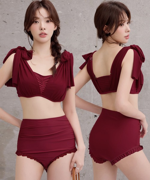 TeddyShop（テディショップ）の「レディース水着 シアー肩リボンバックギャザーハイウエストフリルビキニ 上下2点セット（水着・レディース・ワイン/ブラック/ライトグレー/サックスブルー・L/M/S）」の4枚目の写真