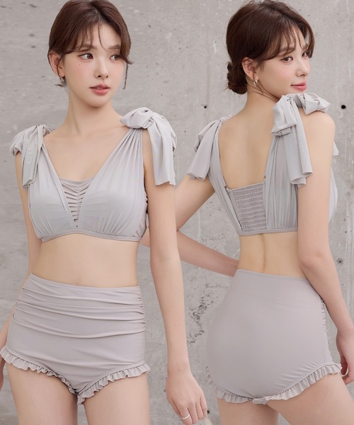 TeddyShop（テディショップ）の「レディース水着 シアー肩リボンバックギャザーハイウエストフリルビキニ 上下2点セット（水着・レディース・ワイン/ブラック/ライトグレー/サックスブルー・L/M/S）」の2枚目の写真