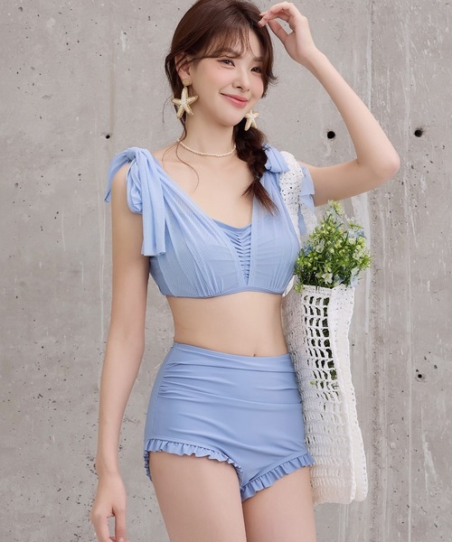 TeddyShop（テディショップ）の「レディース水着 シアー肩リボンバックギャザーハイウエストフリルビキニ 上下2点セット（水着・レディース・ワイン/ブラック/ライトグレー/サックスブルー・L/M/S）」の20枚目の写真