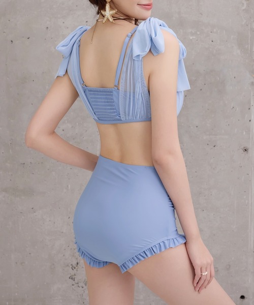 TeddyShop（テディショップ）の「レディース水着 シアー肩リボンバックギャザーハイウエストフリルビキニ 上下2点セット（水着・レディース・ワイン/ブラック/ライトグレー/サックスブルー・L/M/S）」の10枚目の写真