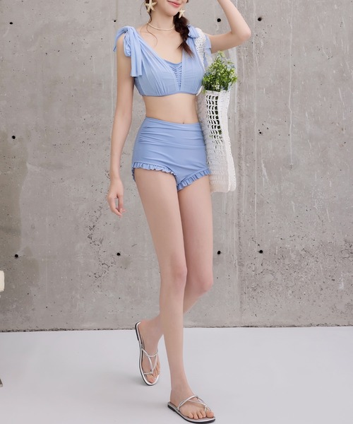 TeddyShop（テディショップ）の「レディース水着 シアー肩リボンバックギャザーハイウエストフリルビキニ 上下2点セット（水着・レディース・ワイン/ブラック/ライトグレー/サックスブルー・L/M/S）」の11枚目の写真