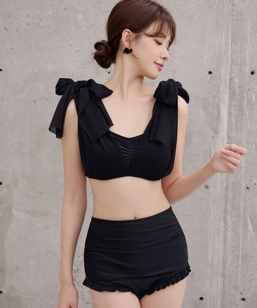 レディース水着 シアー肩リボンバックギャザーハイウエストフリル