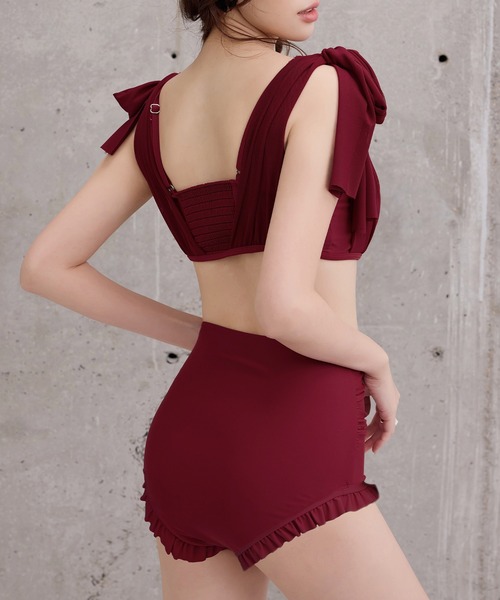 TeddyShop（テディショップ）の「レディース水着 シアー肩リボンバックギャザーハイウエストフリルビキニ 上下2点セット（水着・レディース・ワイン/ブラック/ライトグレー/サックスブルー・L/M/S）」の15枚目の写真