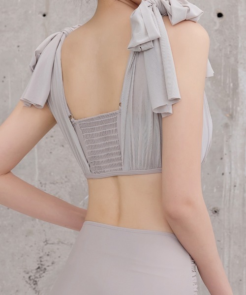 TeddyShop（テディショップ）の「レディース水着 シアー肩リボンバックギャザーハイウエストフリルビキニ 上下2点セット（水着・レディース・ワイン/ブラック/ライトグレー/サックスブルー・L/M/S）」の6枚目の写真